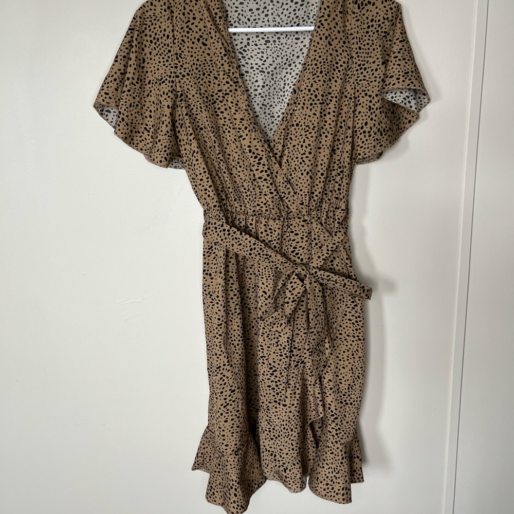 Elegant Tan Polka Dot Wrap Dress